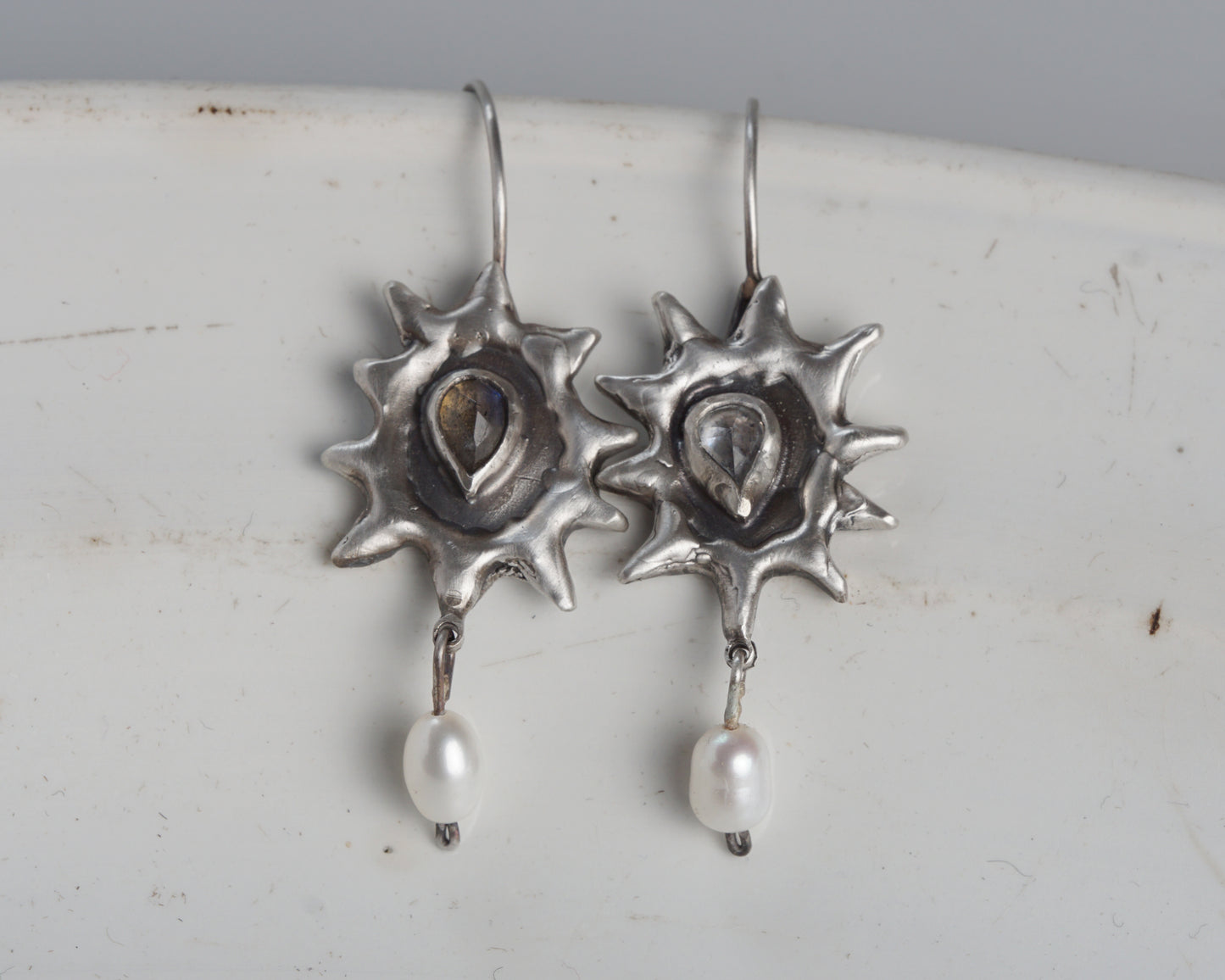 Silver Sun Earrings with Labradorite and Zirconia