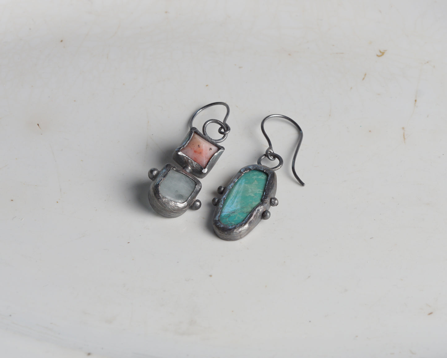 Summer Handcrafted Opal, Aquamarine & Turquoise Oxidized Silver Mismatched Earrings