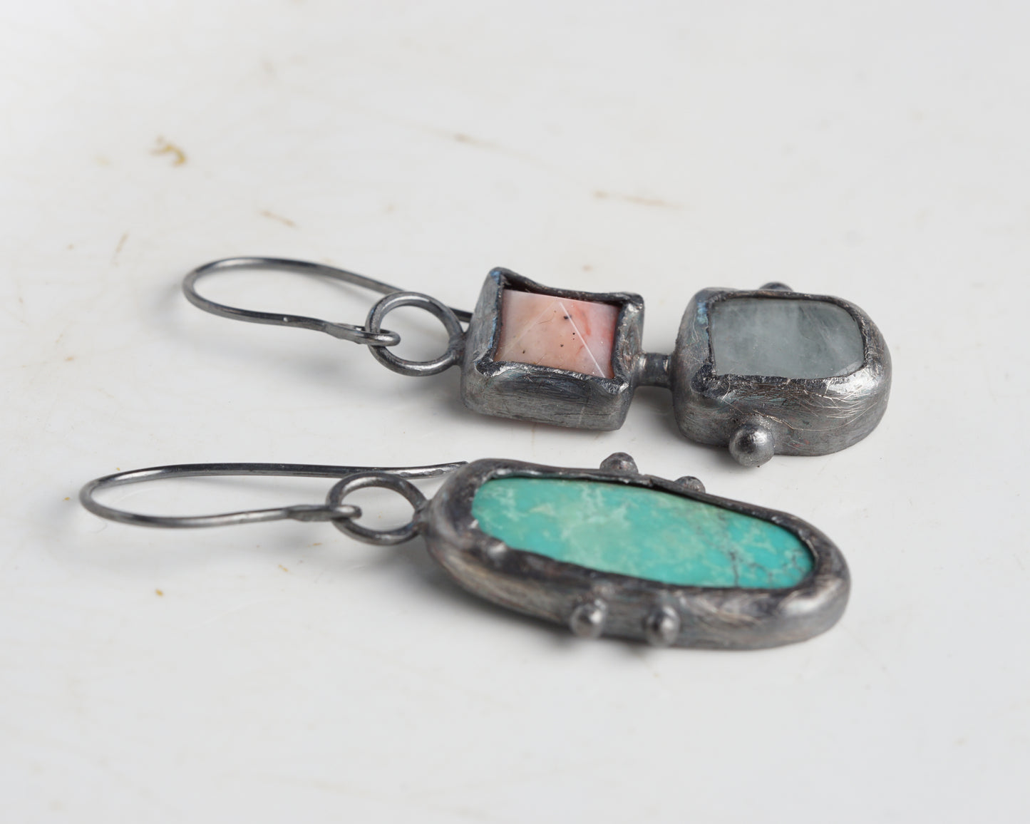Summer Handcrafted Opal, Aquamarine & Turquoise Oxidized Silver Mismatched Earrings