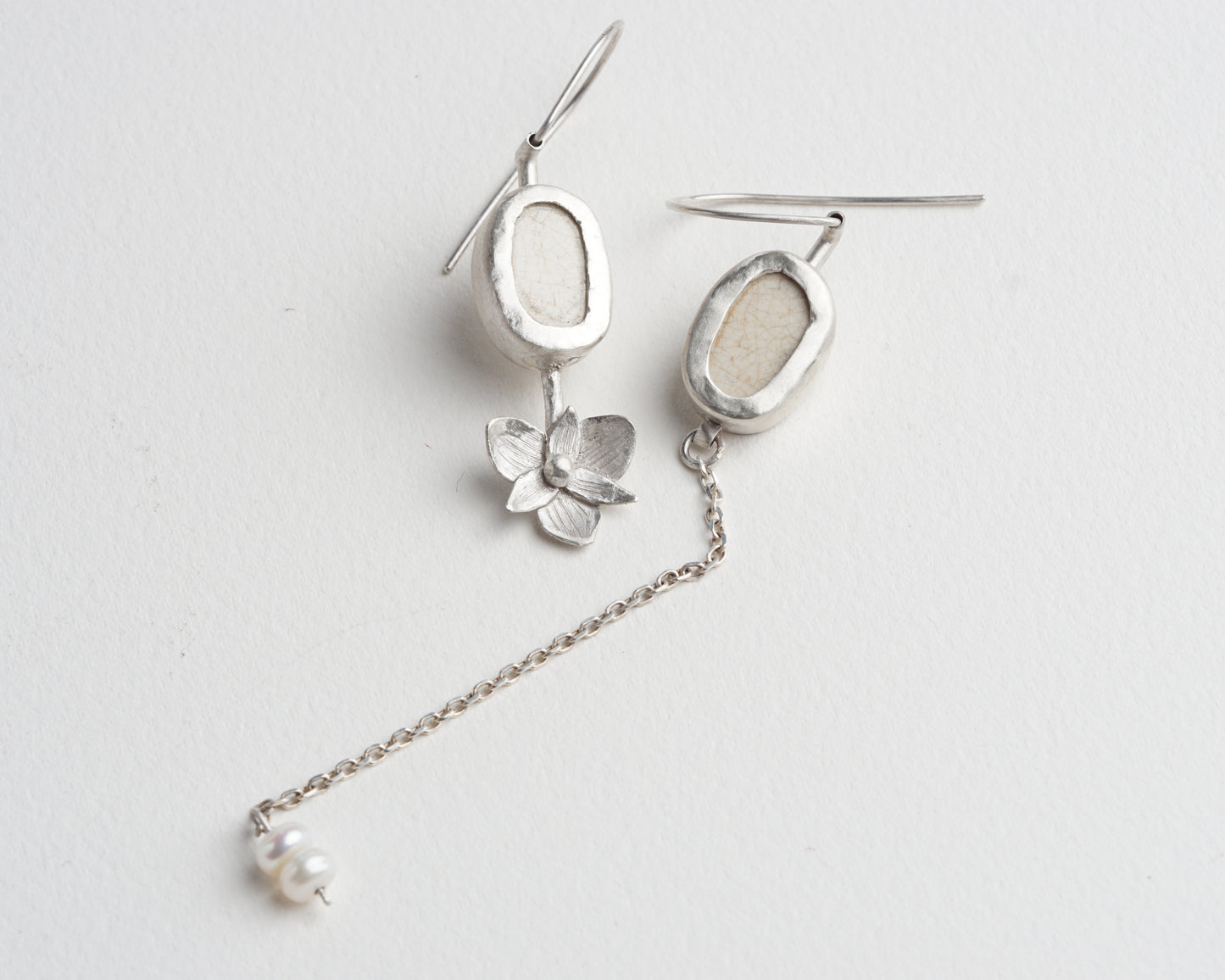 Asymmetrical Sterling Silver Earrings with Upcycled Vintage Porcelain and Pearl Detail