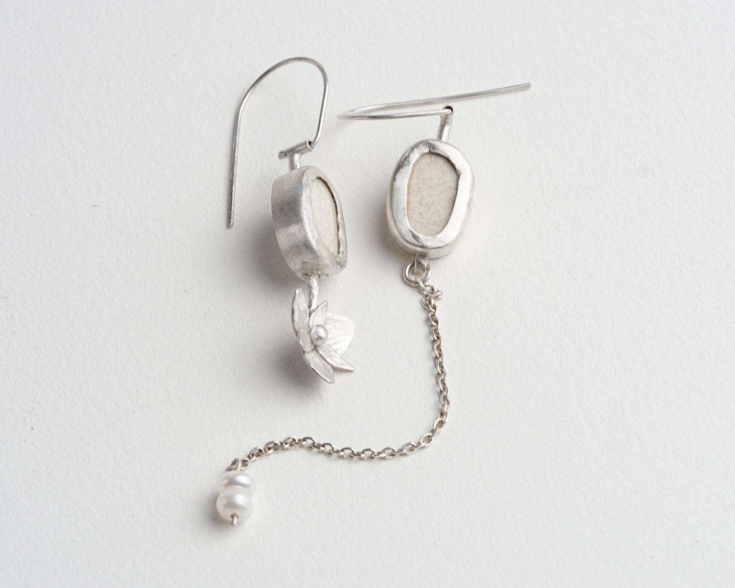 Asymmetrical Sterling Silver Earrings with Upcycled Vintage Porcelain and Pearl Detail