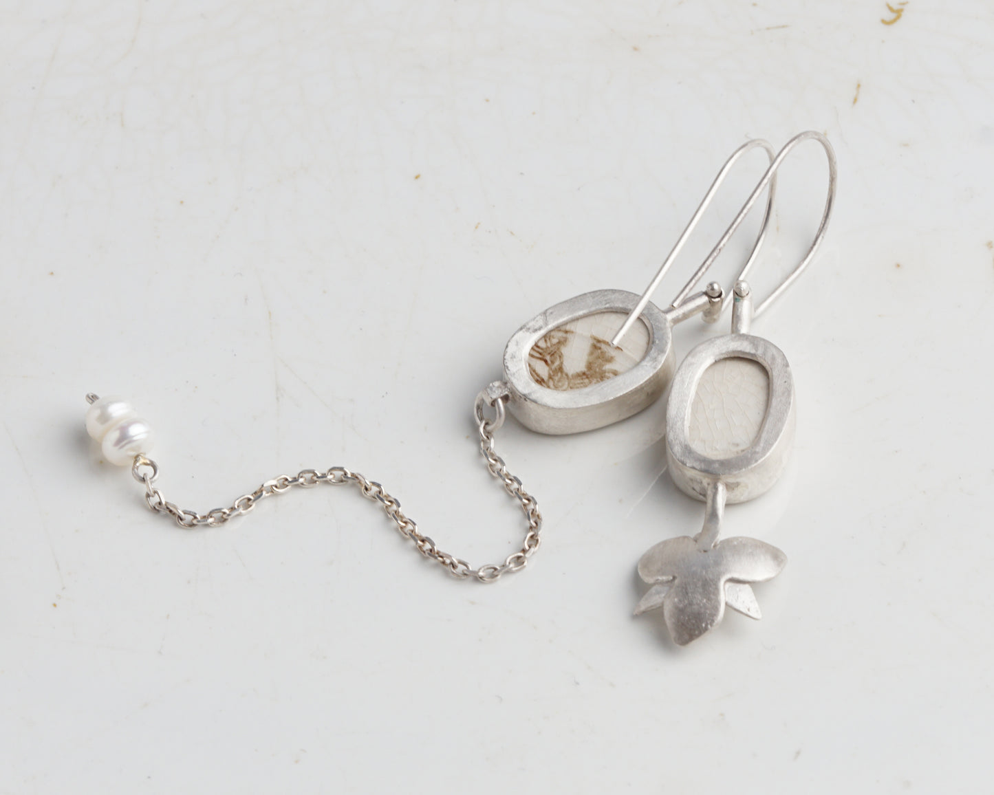 Asymmetrical Sterling Silver Earrings with Upcycled Vintage Porcelain and Pearl Detail