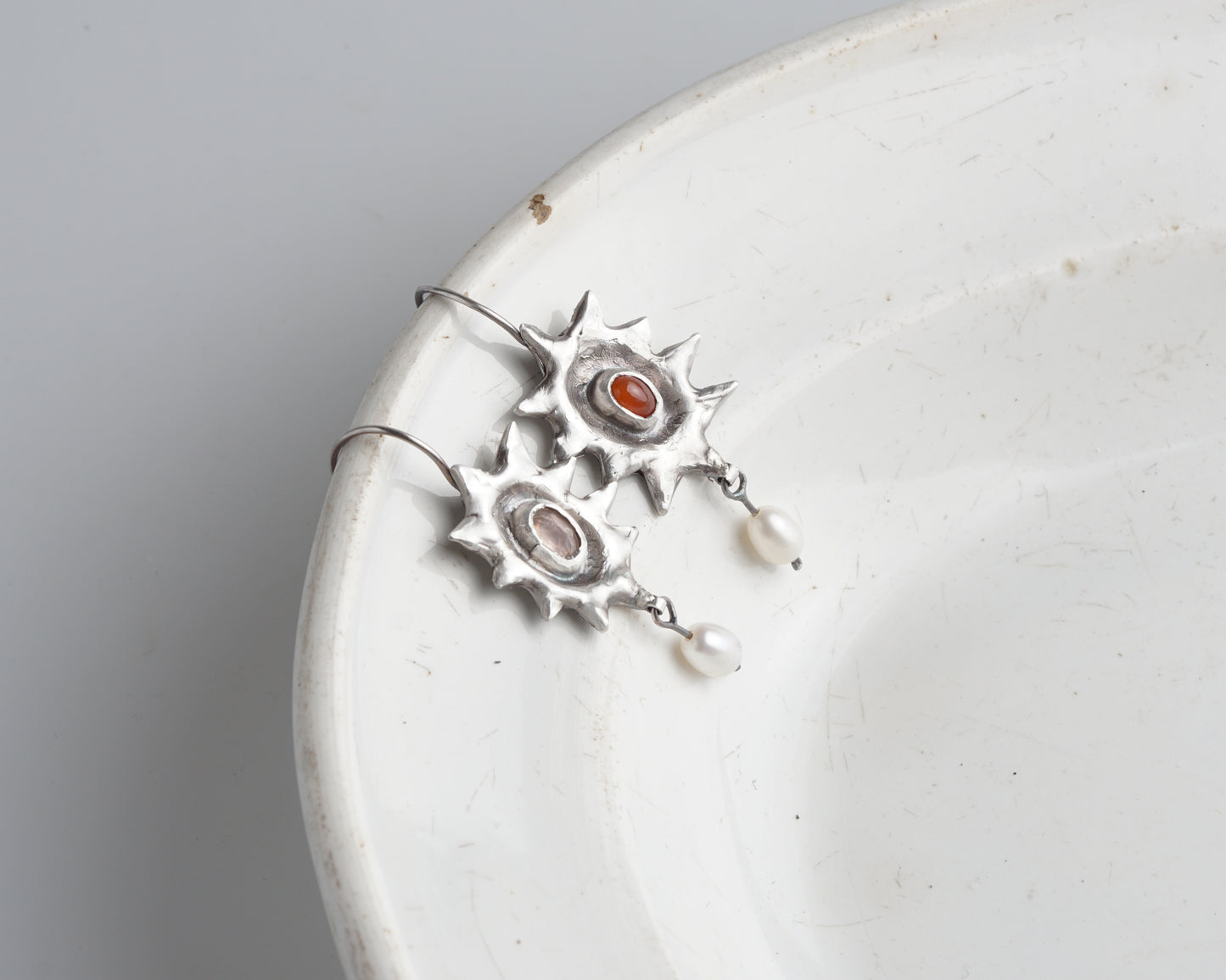 Handcrafted Silver Sunburst Earrings with Rose Quartz, Carnelian & Freshwater Pearls