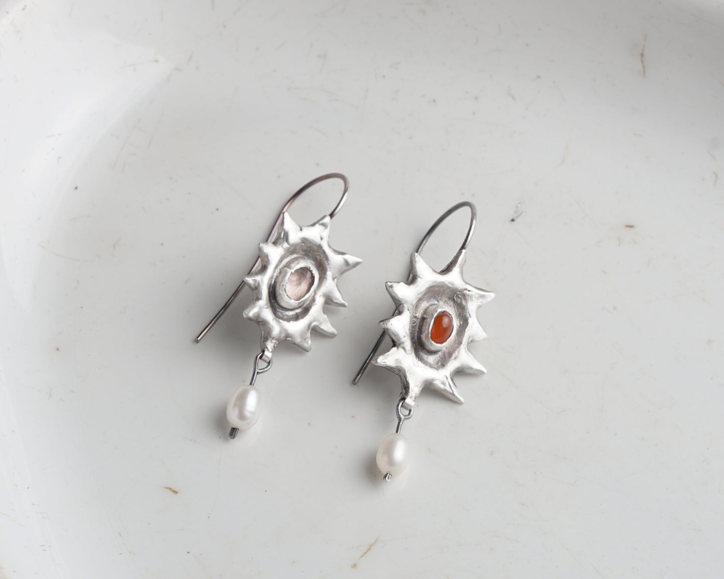 Handcrafted Silver Sunburst Earrings with Rose Quartz, Carnelian & Freshwater Pearls