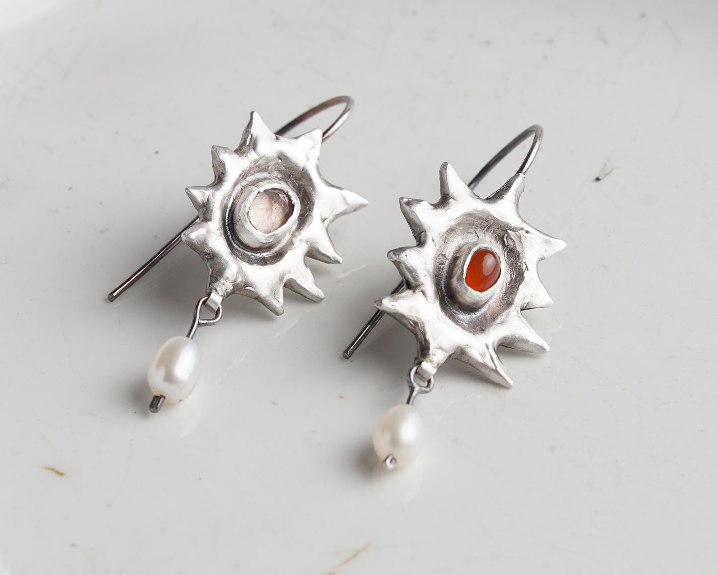 Handcrafted Silver Sunburst Earrings with Rose Quartz, Carnelian & Freshwater Pearls