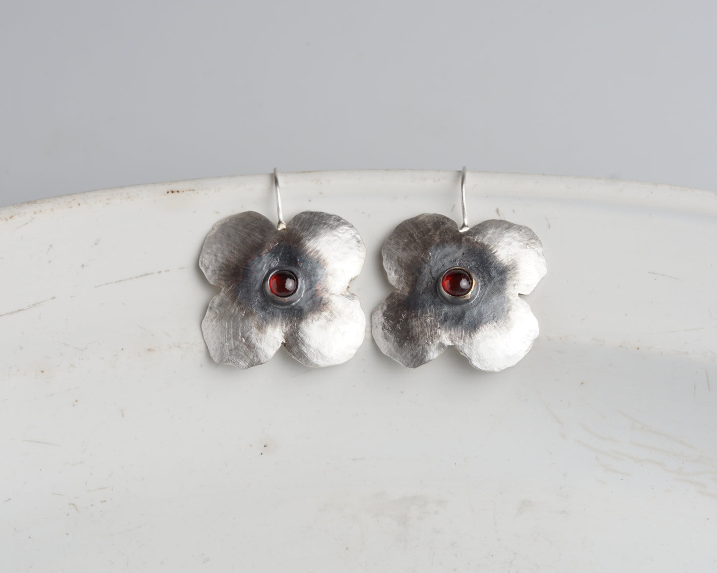 Silver Flower Earrings with Ruby
