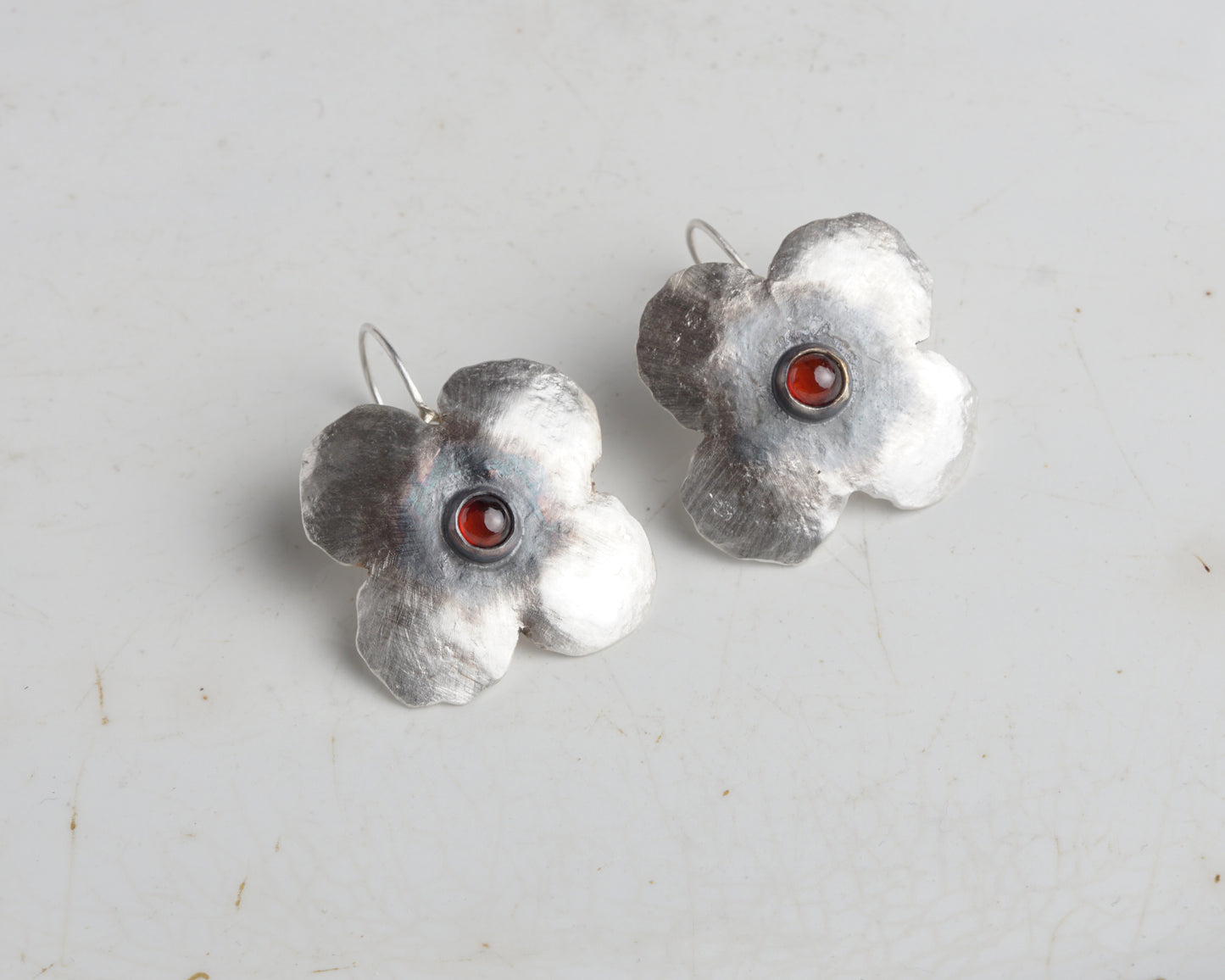 Silver Flower Earrings with Ruby