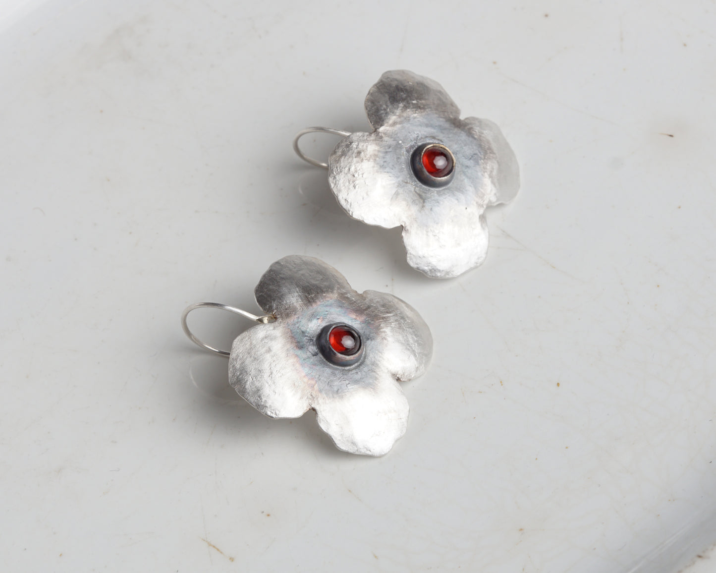 Silver Flower Earrings with Ruby