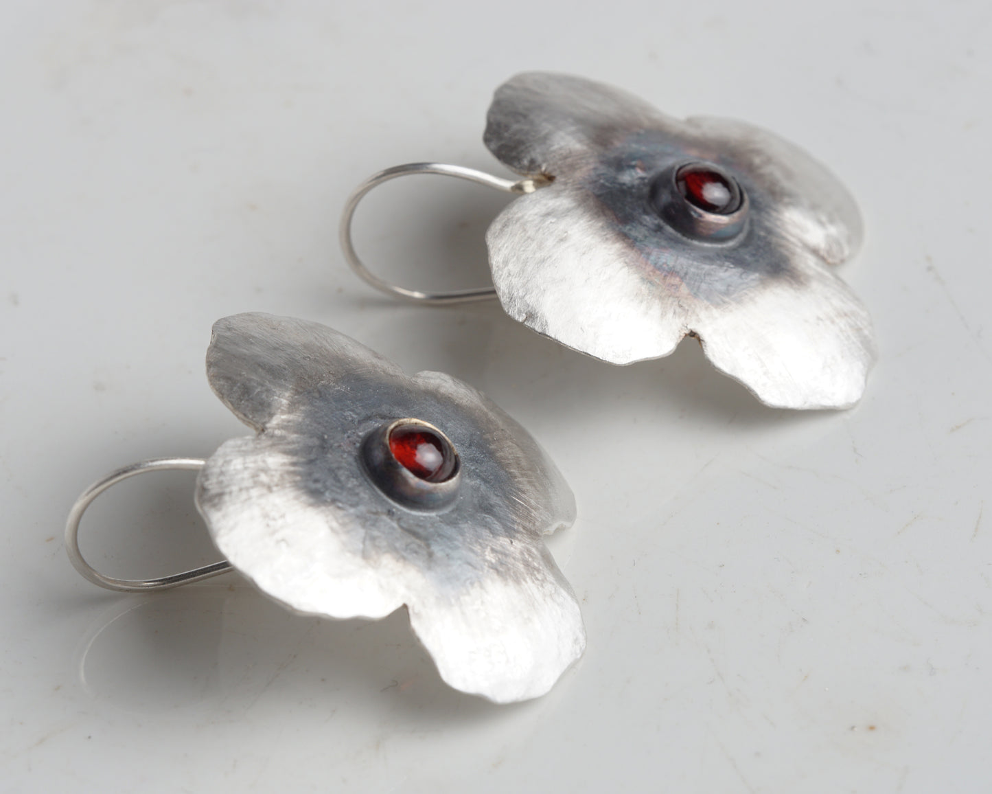 Silver Flower Earrings with Ruby