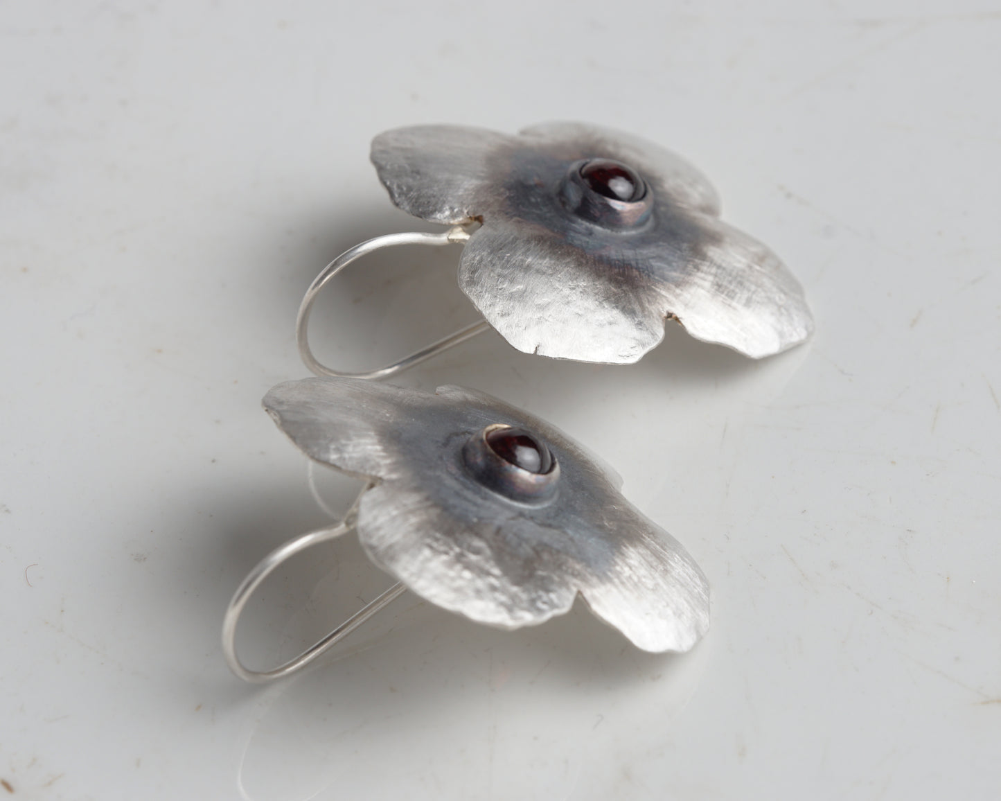 Silver Flower Earrings with Ruby