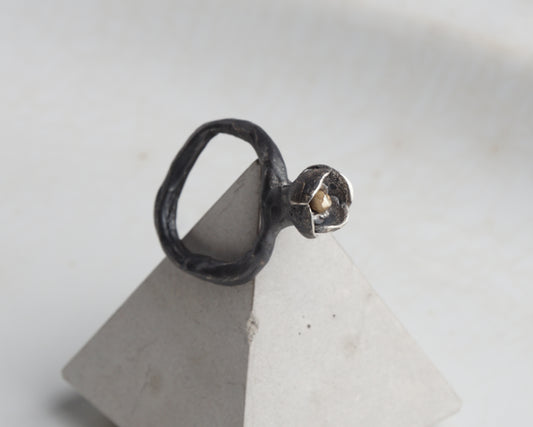 Oxidized Silver Bud Ring with Gold Detail