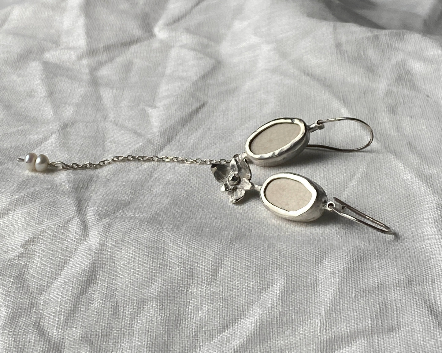 Asymmetrical Sterling Silver Earrings with Upcycled Vintage Porcelain and Pearl Detail