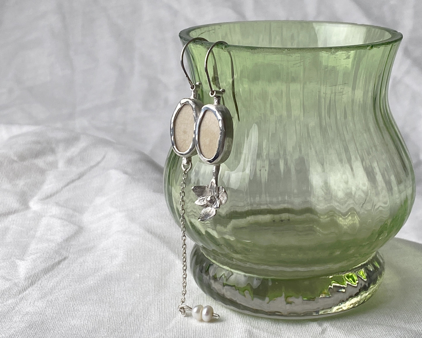 Asymmetrical Sterling Silver Earrings with Upcycled Vintage Porcelain and Pearl Detail