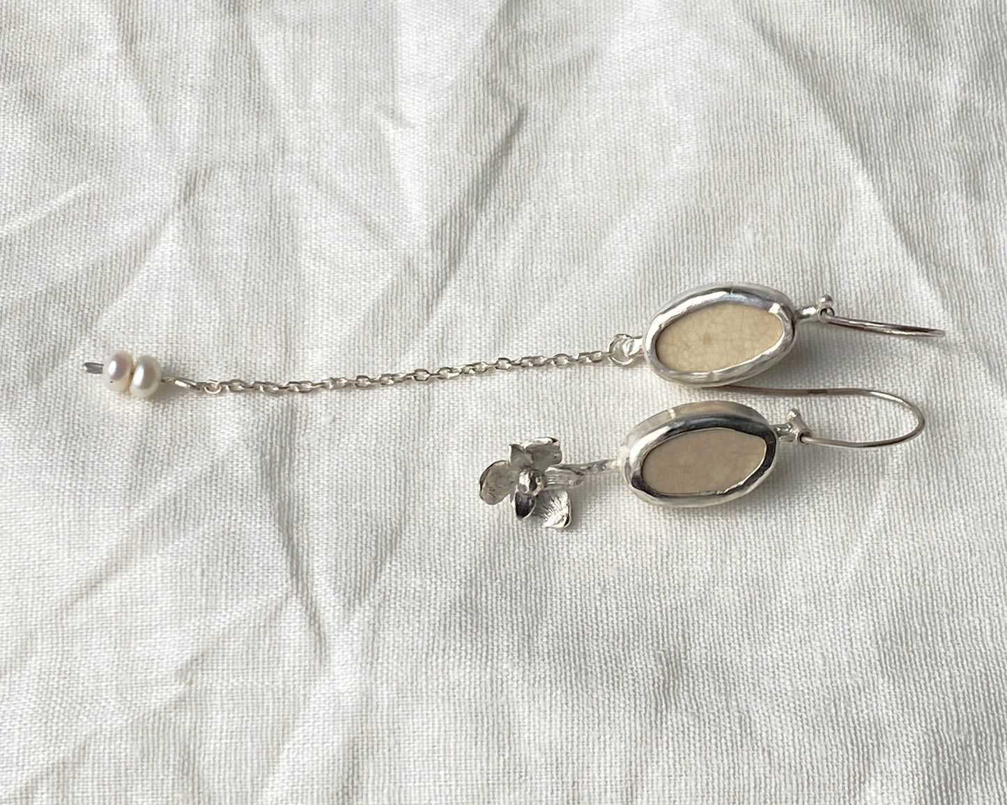 Asymmetrical Sterling Silver Earrings with Upcycled Vintage Porcelain and Pearl Detail