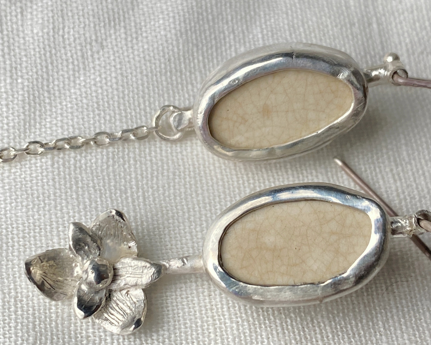Asymmetrical Sterling Silver Earrings with Upcycled Vintage Porcelain and Pearl Detail
