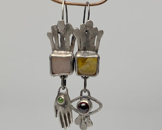 Handcrafted Silver Earrings with Chalcedony, Jade, and Ruby