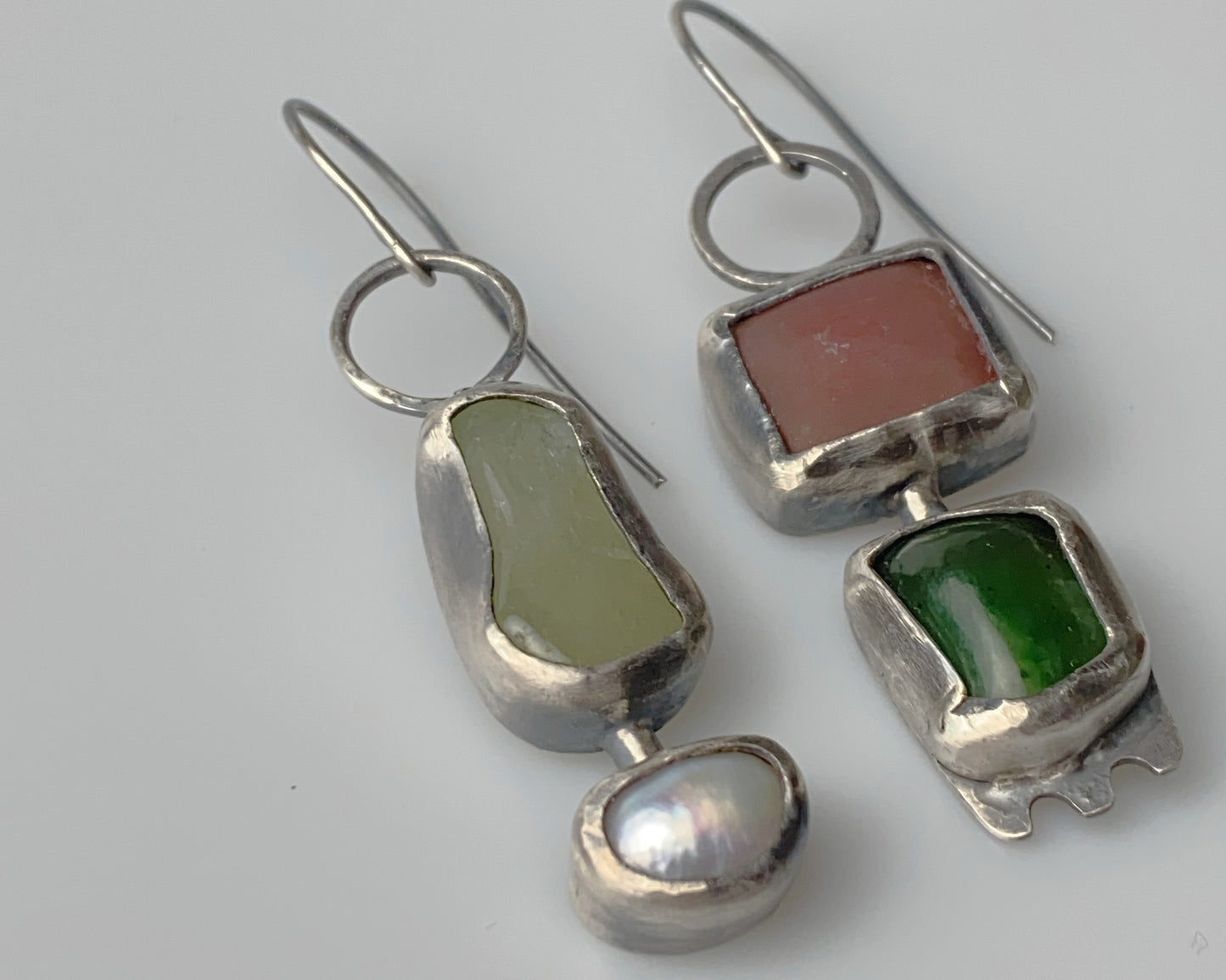 Handcrafted Silver Earrings with Chalcedony, Jade, Aquamarine, and Pearl