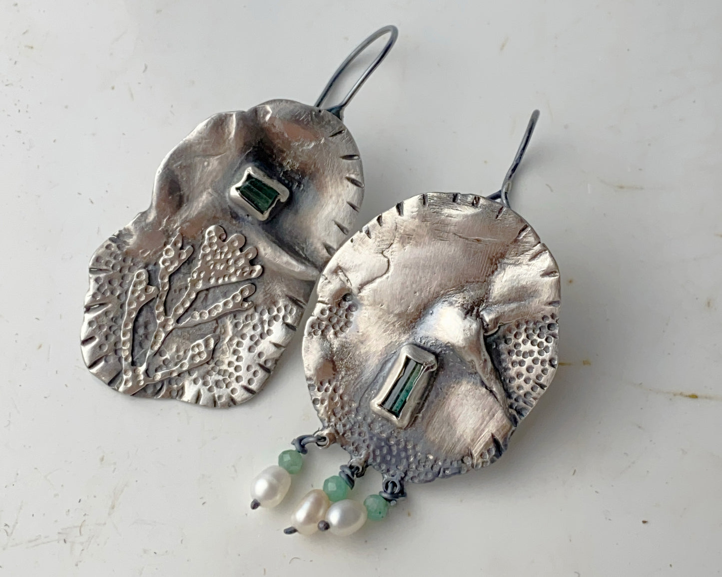 Silver Coral Tourmaline Pearl Earrings with Emerald Beads