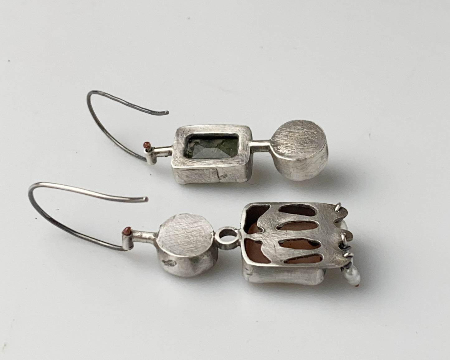 Moss Agate, Sapphire, Pearl & Chalcedony Silver Asymmetric Earrings