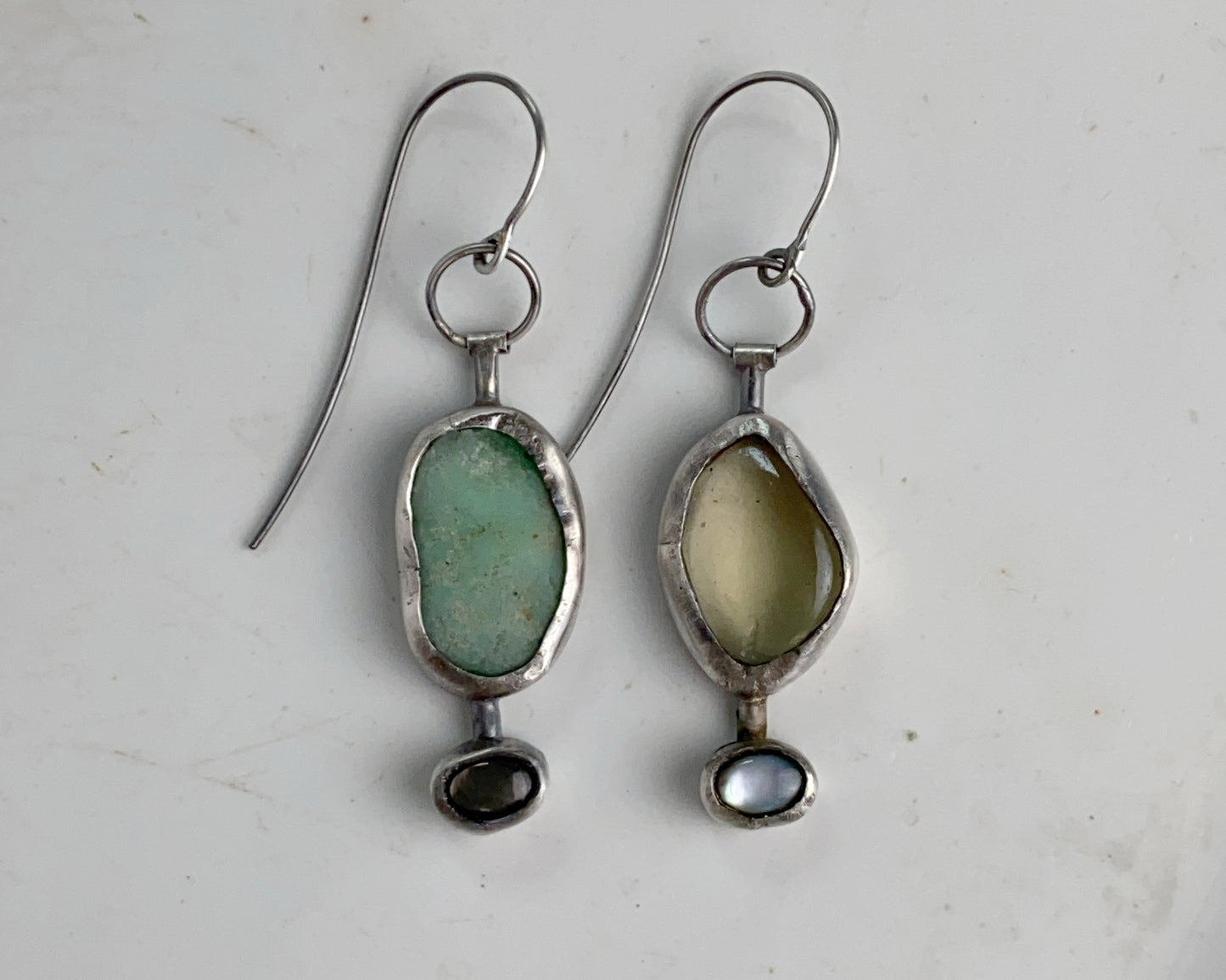 Asymmetrical Sterling Silver Earrings with Black Abalone Shell, Lemon Quartz & Chrysoprase