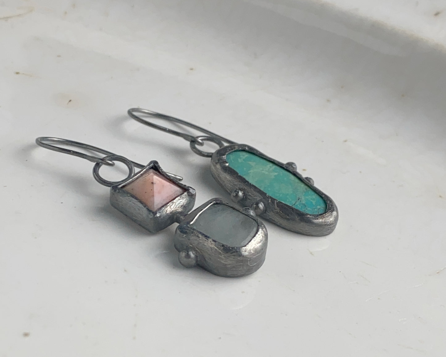 Summer Handcrafted Opal, Aquamarine & Turquoise Oxidized Silver Mismatched Earrings