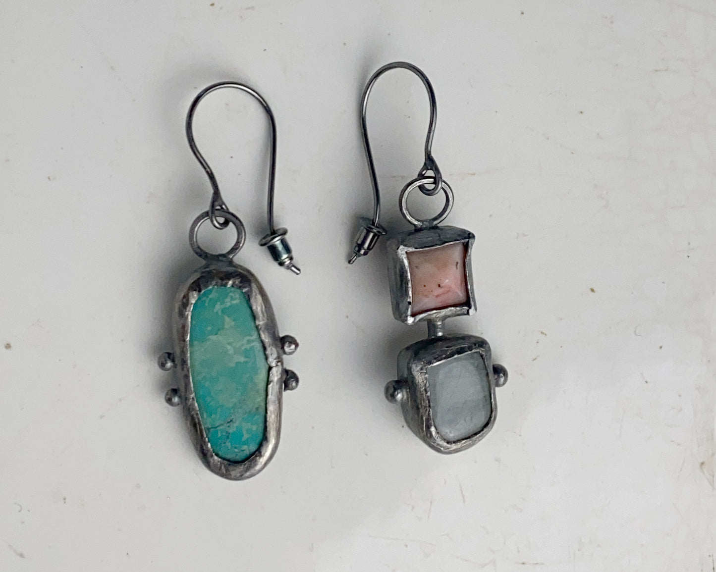 Summer Handcrafted Opal, Aquamarine & Turquoise Oxidized Silver Mismatched Earrings