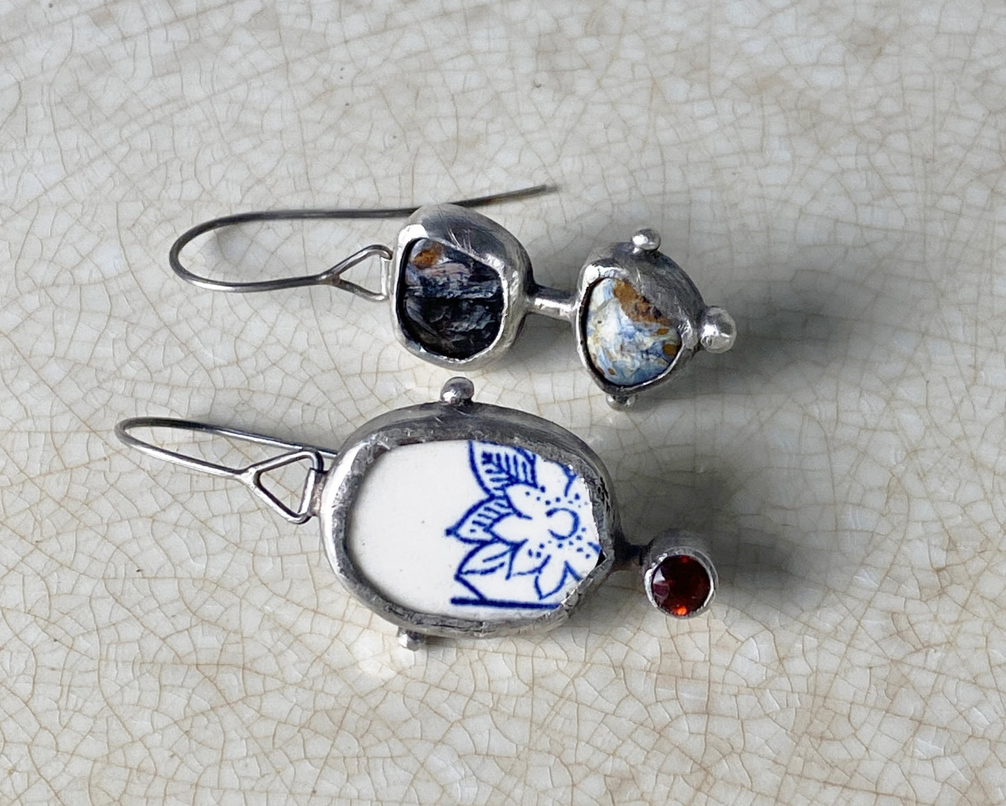 Asymmetrical Earrings with Pietersite, Citrine, and Vintage Ceramic