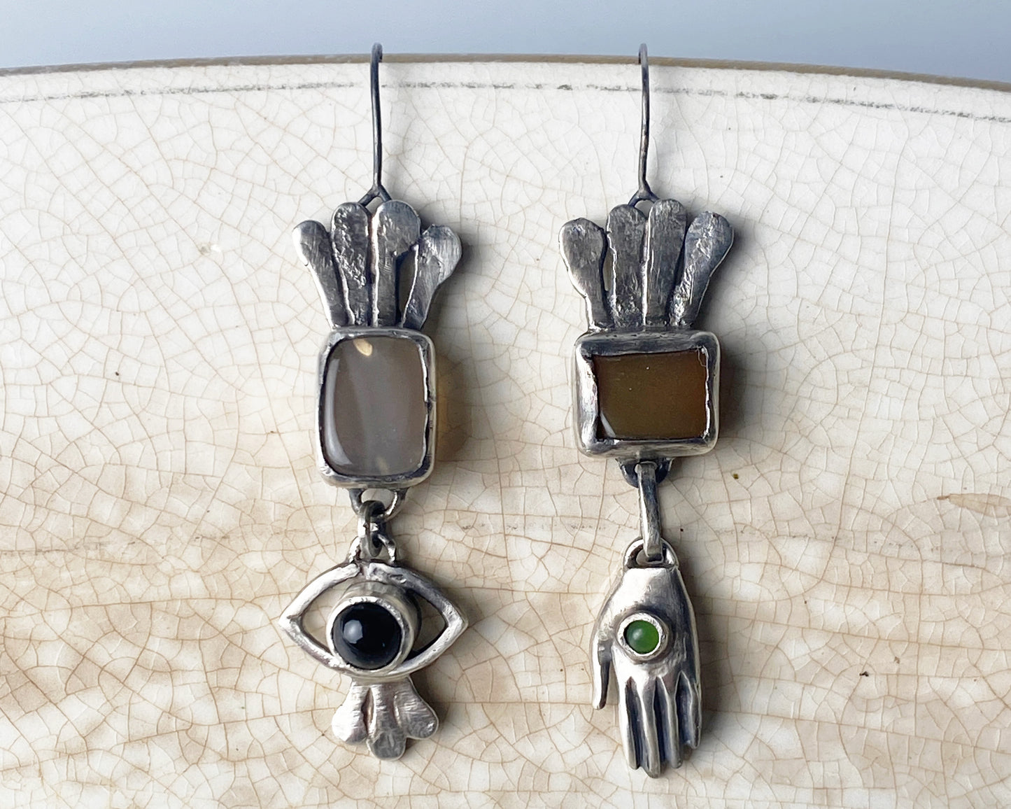 Handcrafted Silver Earrings with Chalcedony, Jade, and Ruby