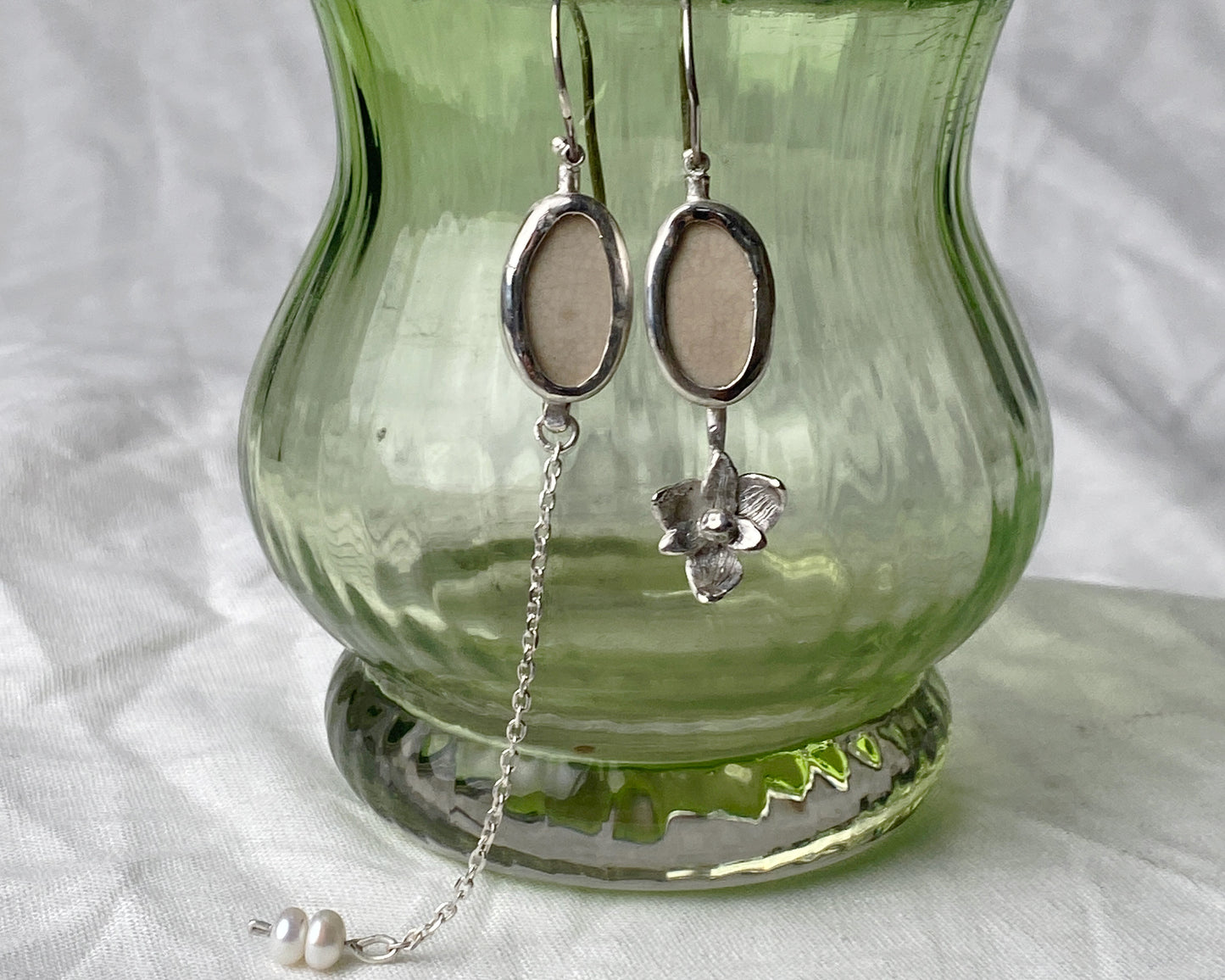 Asymmetrical Sterling Silver Earrings with Upcycled Vintage Porcelain and Pearl Detail