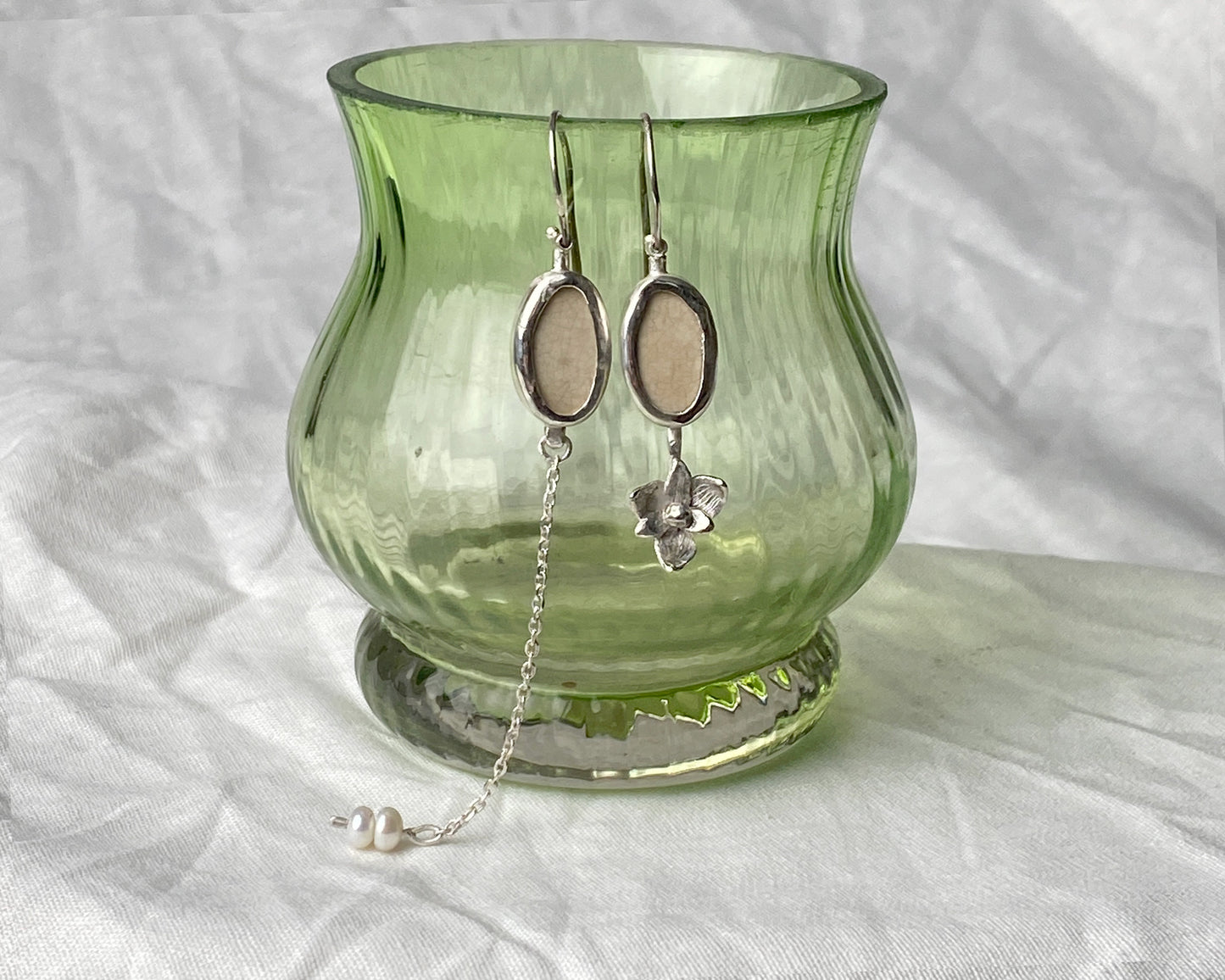 Asymmetrical Sterling Silver Earrings with Upcycled Vintage Porcelain and Pearl Detail