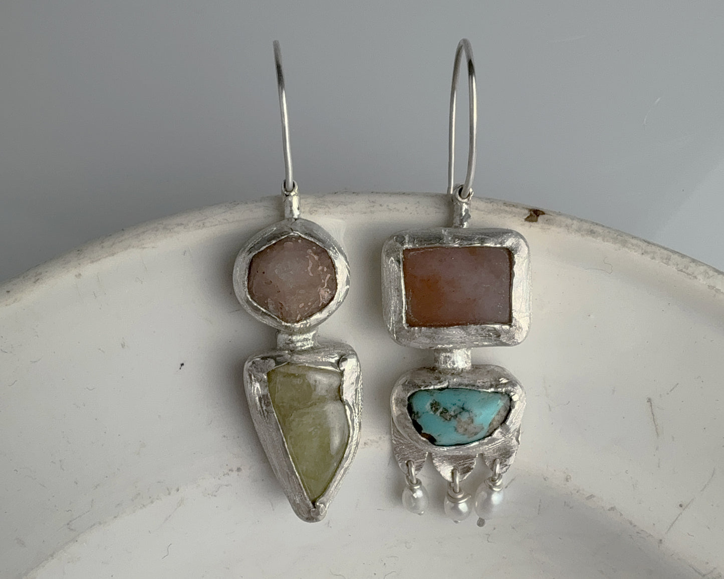 Handcrafted Sterling Silver Mismatched Earrings with Turquoise, Beta Quartz, Garnet, Chalcedony & Pearls