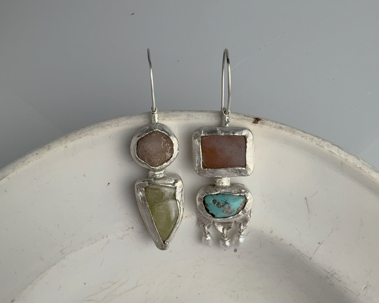Handcrafted Sterling Silver Mismatched Earrings with Turquoise, Beta Quartz, Garnet, Chalcedony & Pearls