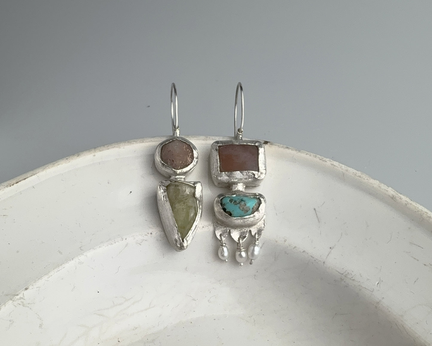 Handcrafted Sterling Silver Mismatched Earrings with Turquoise, Beta Quartz, Garnet, Chalcedony & Pearls