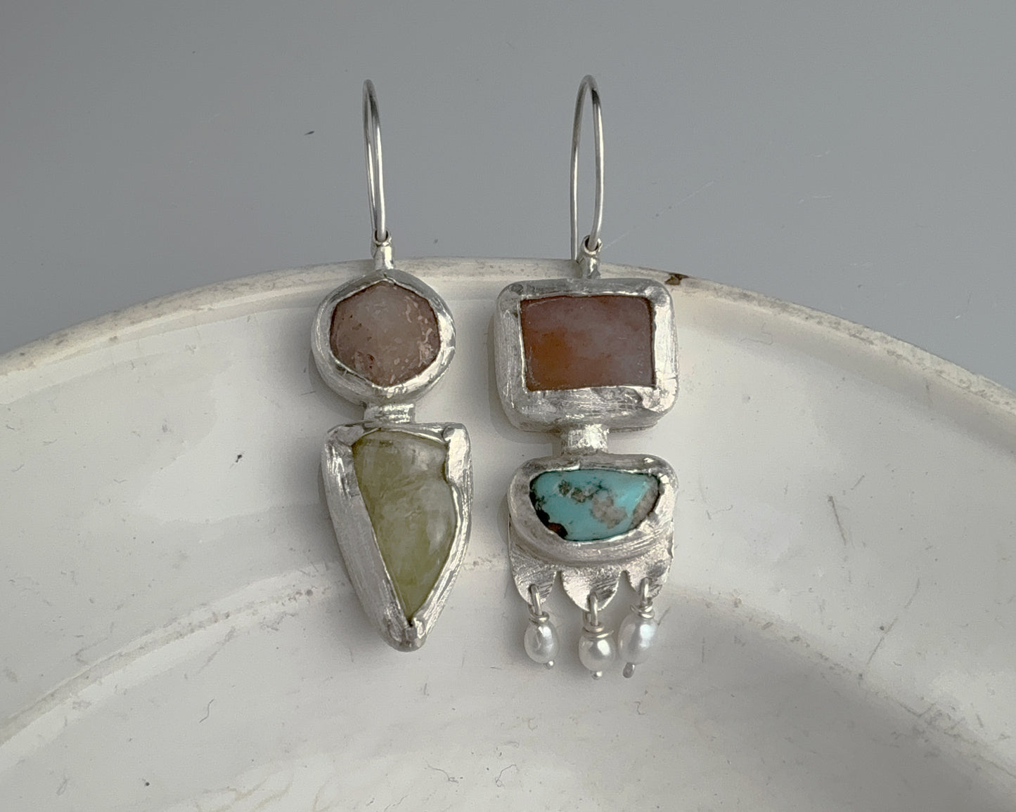 Handcrafted Sterling Silver Mismatched Earrings with Turquoise, Beta Quartz, Garnet, Chalcedony & Pearls
