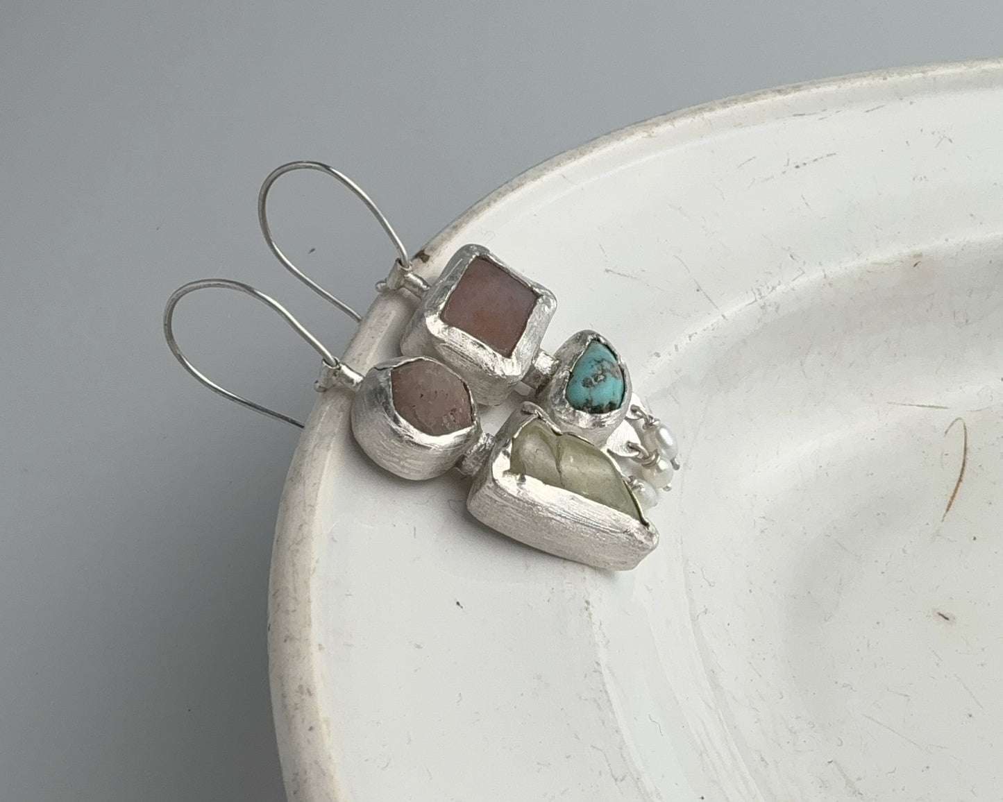 Handcrafted Sterling Silver Mismatched Earrings with Turquoise, Beta Quartz, Garnet, Chalcedony & Pearls