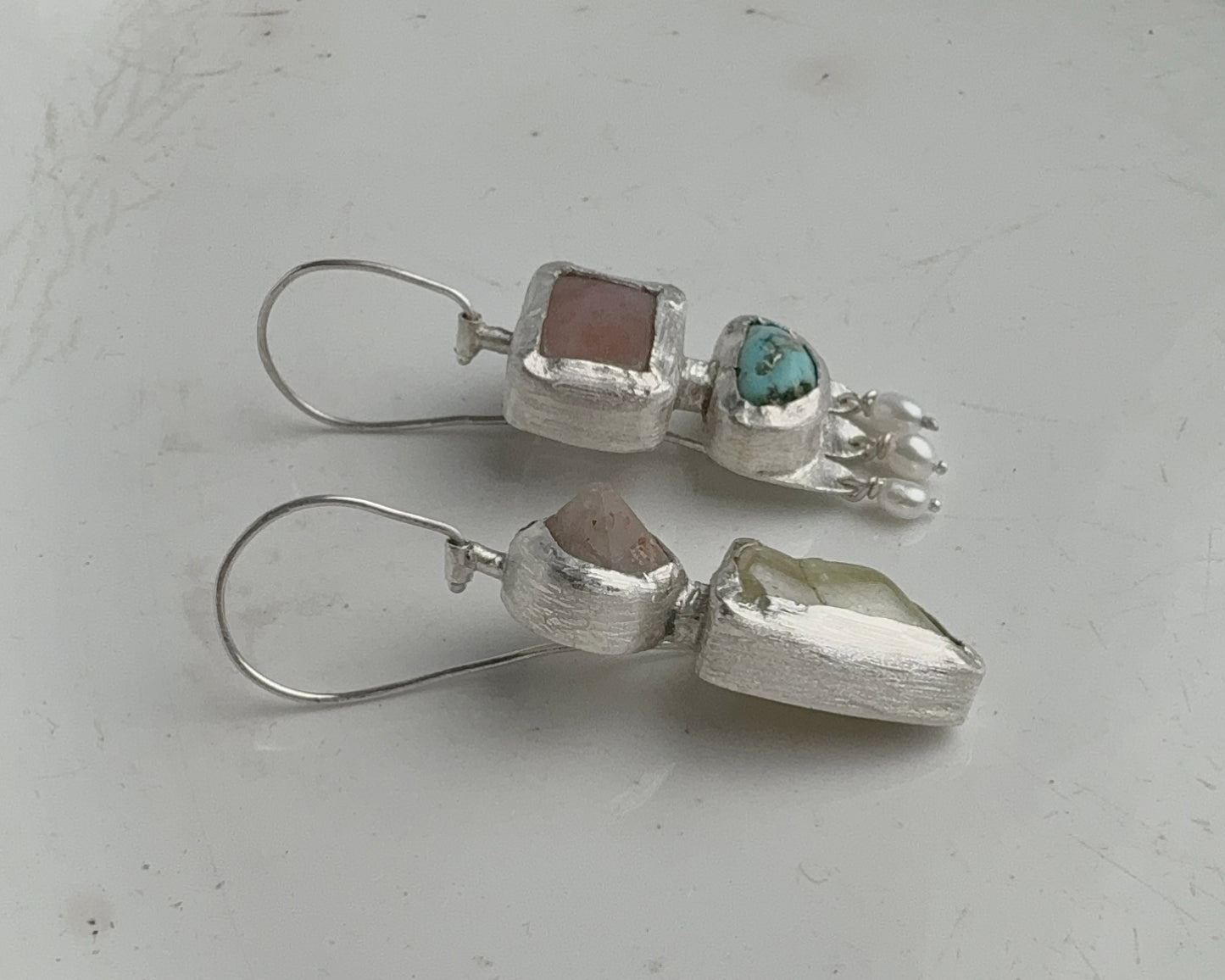 Handcrafted Sterling Silver Mismatched Earrings with Turquoise, Beta Quartz, Garnet, Chalcedony & Pearls