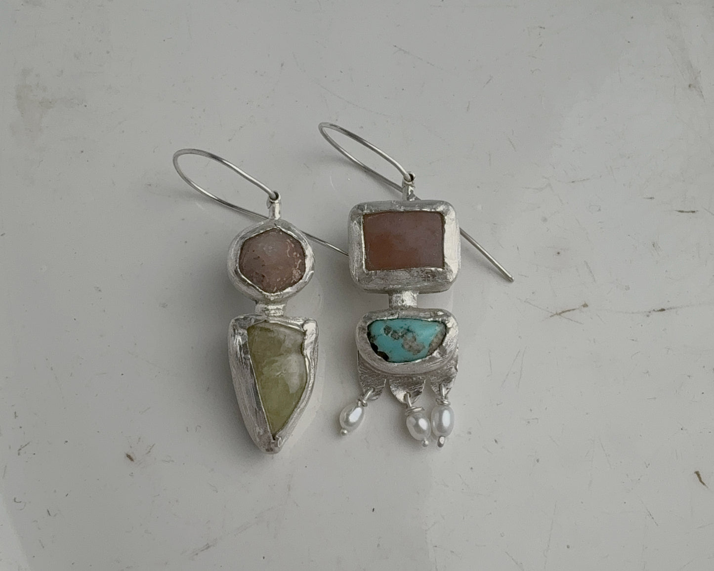 Handcrafted Sterling Silver Mismatched Earrings with Turquoise, Beta Quartz, Garnet, Chalcedony & Pearls