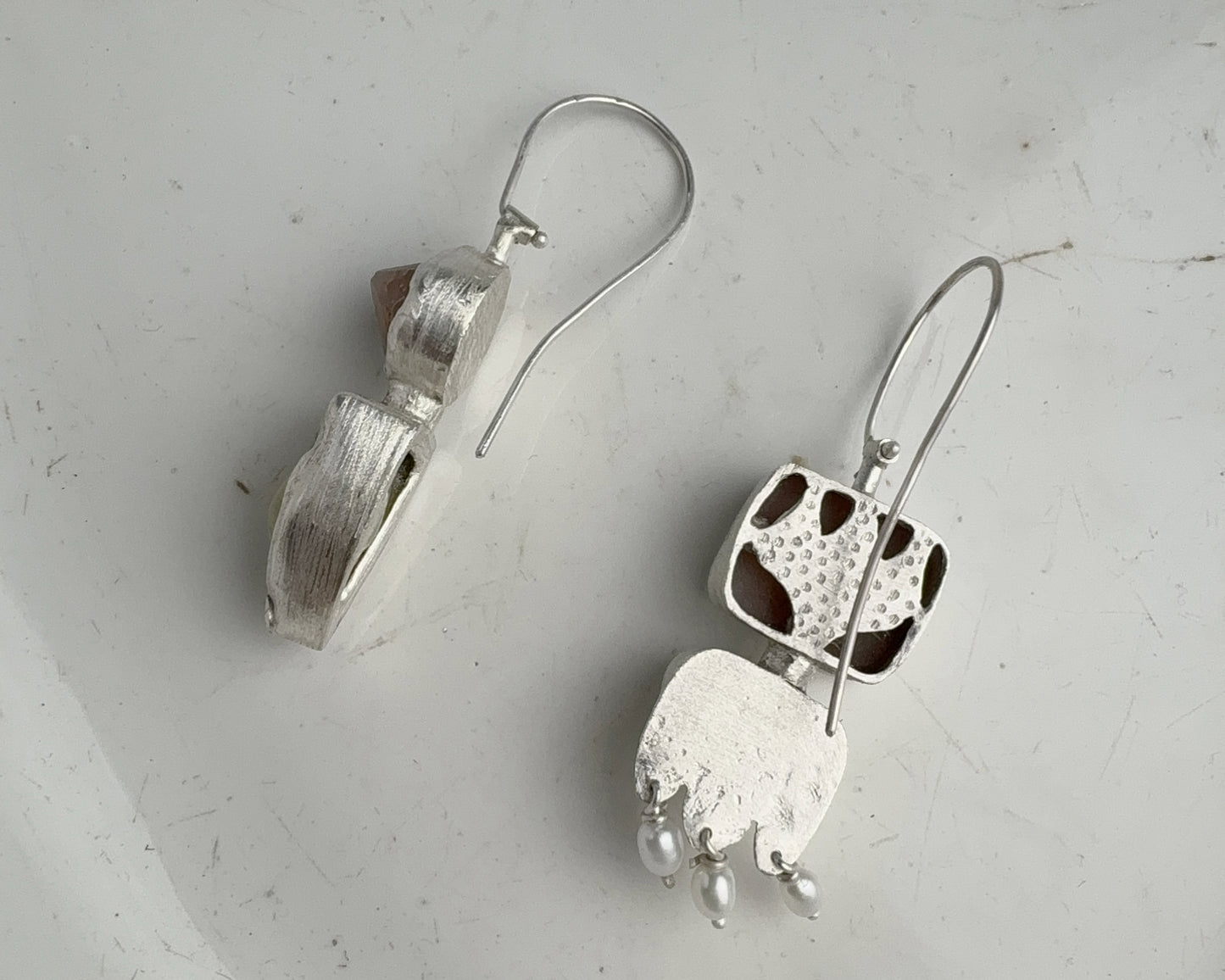 Handcrafted Sterling Silver Mismatched Earrings with Turquoise, Beta Quartz, Garnet, Chalcedony & Pearls