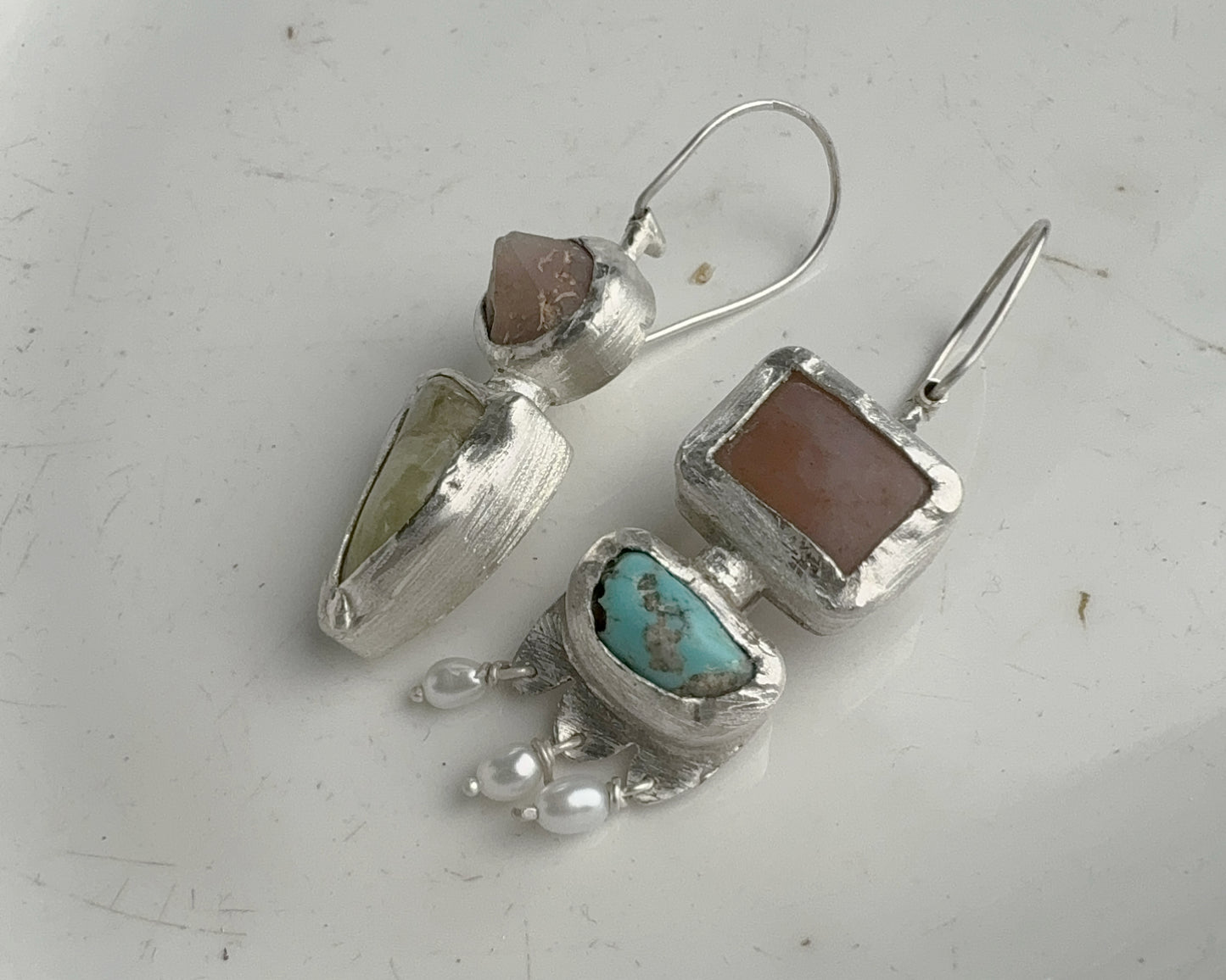 Handcrafted Sterling Silver Mismatched Earrings with Turquoise, Beta Quartz, Garnet, Chalcedony & Pearls