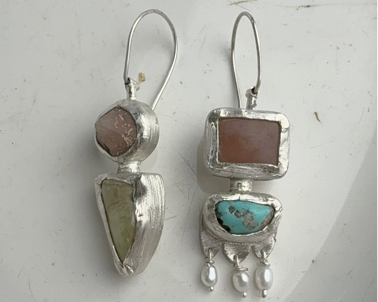 Handcrafted Sterling Silver Mismatched Earrings with Turquoise, Beta Quartz, Garnet, Chalcedony & Pearls