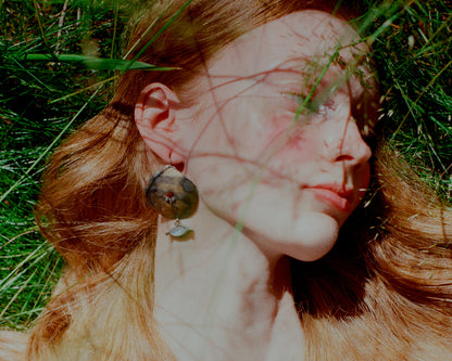 Hand-Forged Oxidized Silver Earrings with Moonstone and Gold Plating
