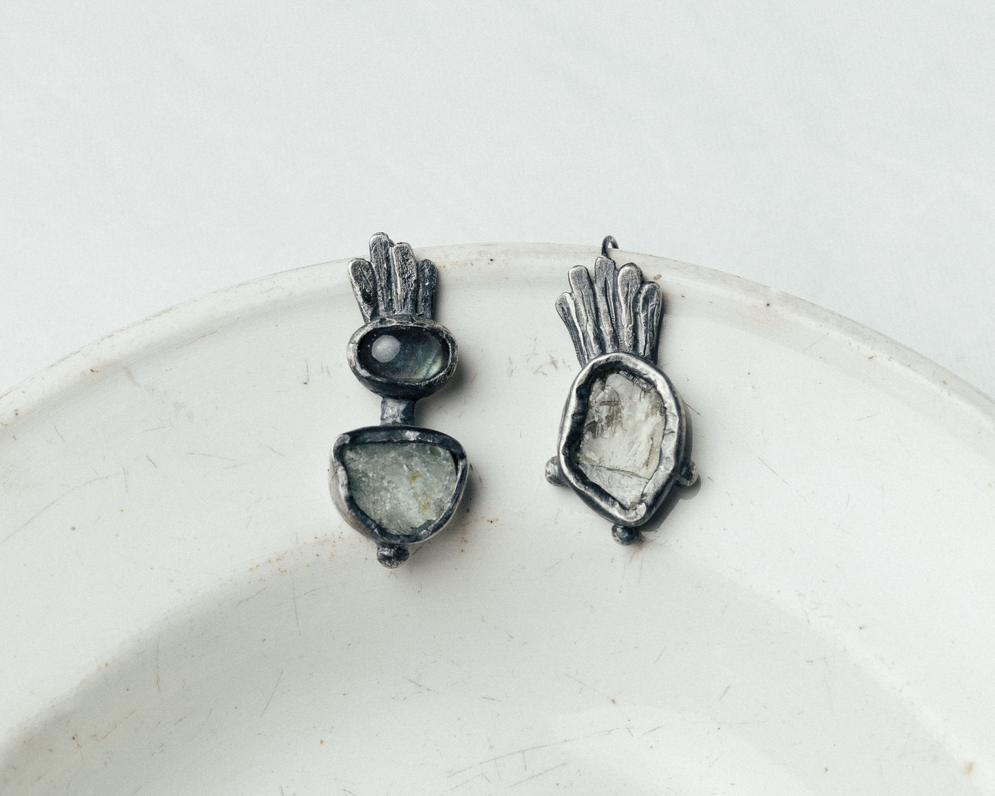 Asymmetrical Oxidized Silver Ava Earrings with Raw Blue Topaz and Labradorite