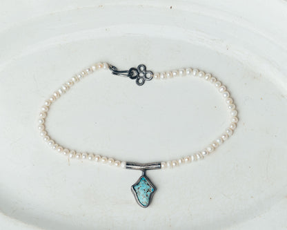 Pearl Choker with Turquoise Pendant in Oxidized Silver