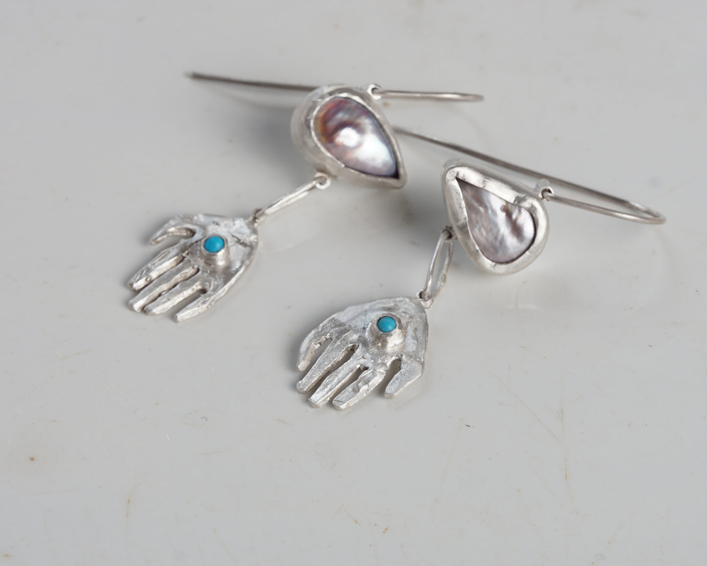 Pearl and Turquoise Silver Hand Drop Earrings