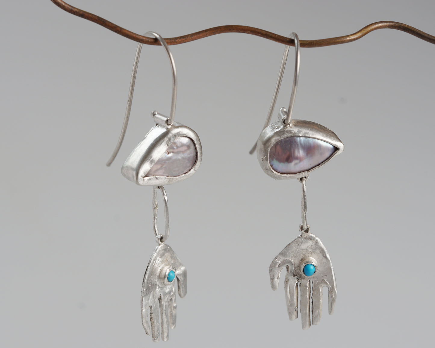 Pearl and Turquoise Silver Hand Drop Earrings