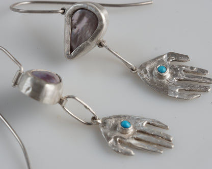 Pearl and Turquoise Silver Hand Drop Earrings