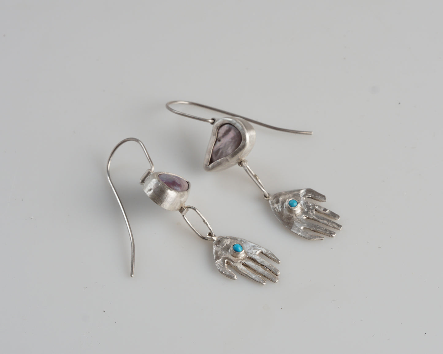 Pearl and Turquoise Silver Hand Drop Earrings