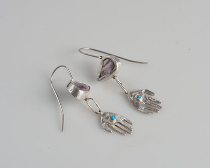 Pearl and Turquoise Silver Hand Drop Earrings