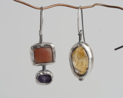 Sterling Silver Carnelian Chalcedony Sapphire Asymmetrical Earrings