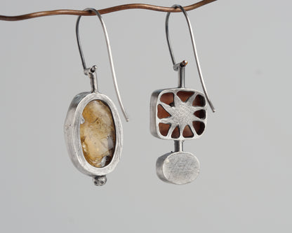 Sterling Silver Carnelian Chalcedony Sapphire Asymmetrical Earrings
